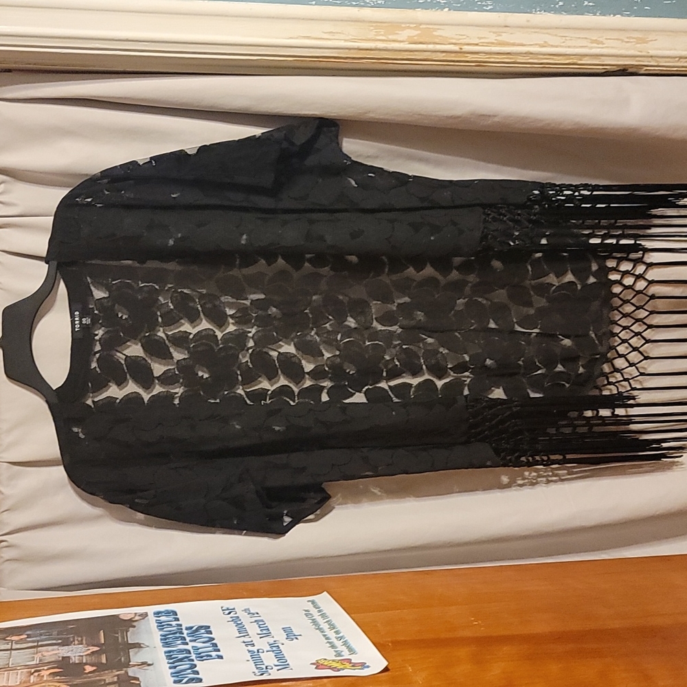Torrid Black Floral Lace Kimono with Fringe